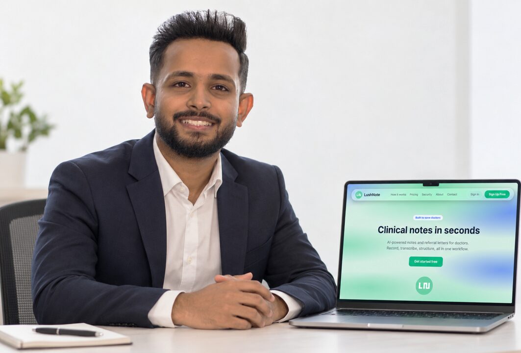 Indika Amarasinghe, founder of Gaia Symbiosis, at his desk with LushNote open on a laptop
